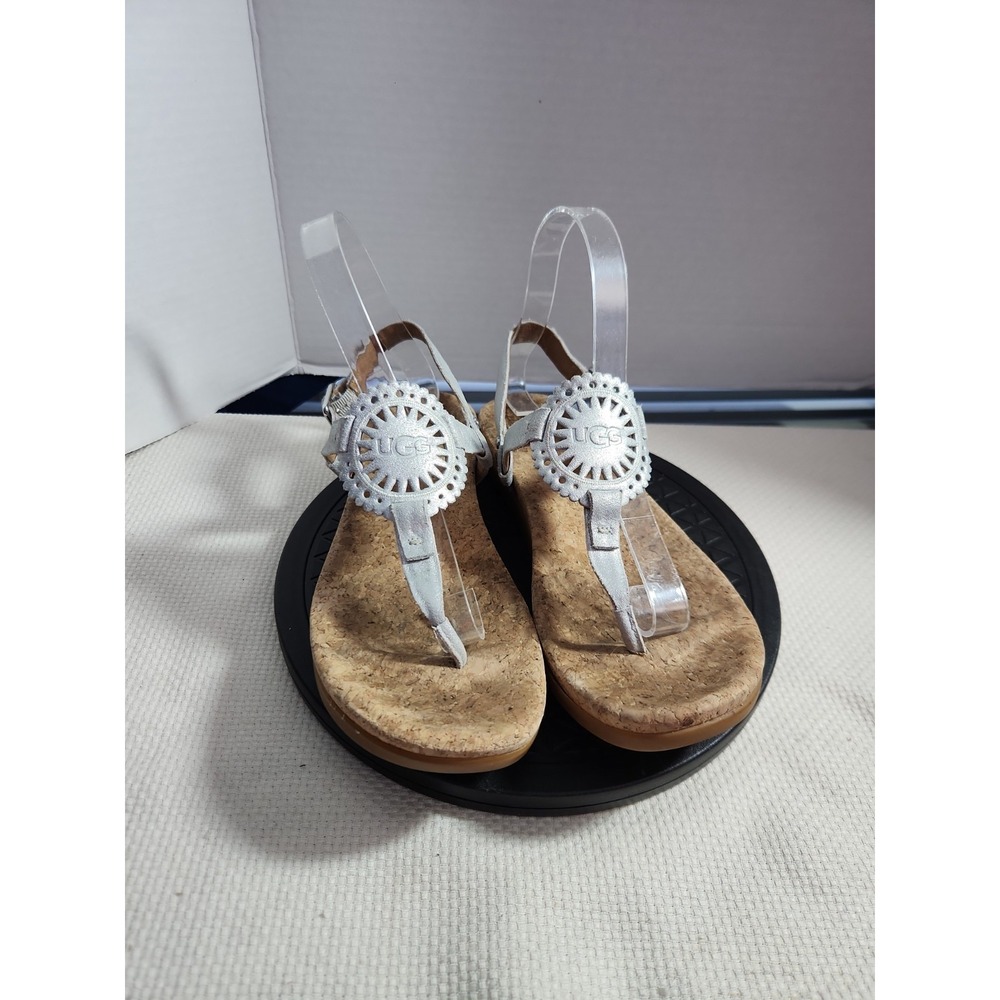 Ugg Ayden II Silver Leather Cork Footbed Strappy Sandals Toe Thong‎ Womens 8.5M